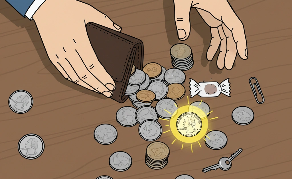 A person emptying pocket change and discovering a highlighted 2006 quarter