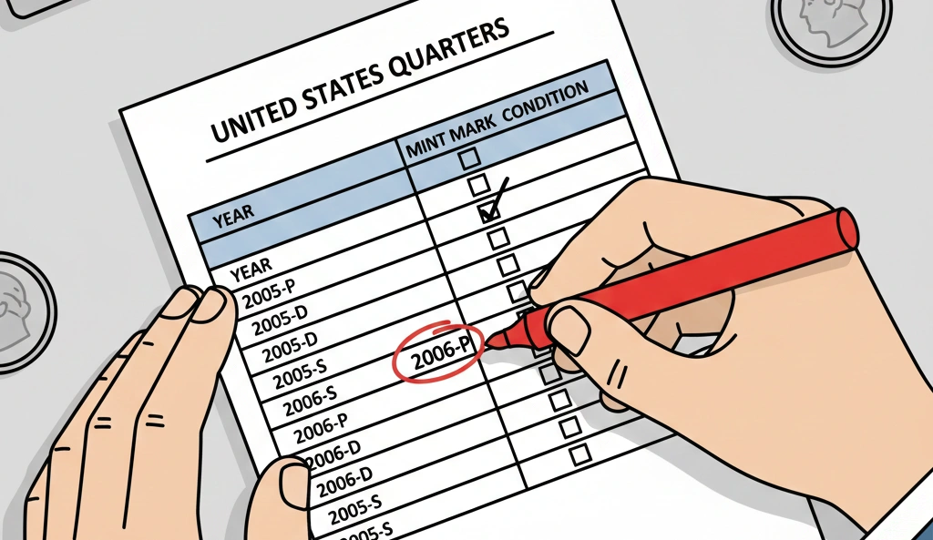 A collector marking a checklist with “2006 quarter” circled