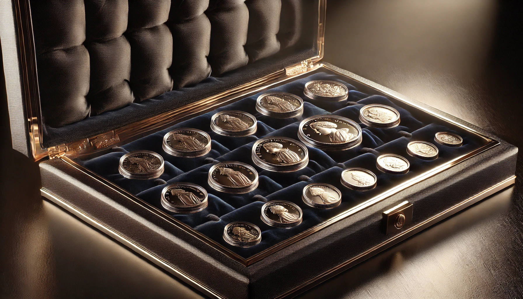 a display of a coin collection in a dark velvet-lined case. The rare coins are carefully placed in individual compartments on a rich, dark velvet background.