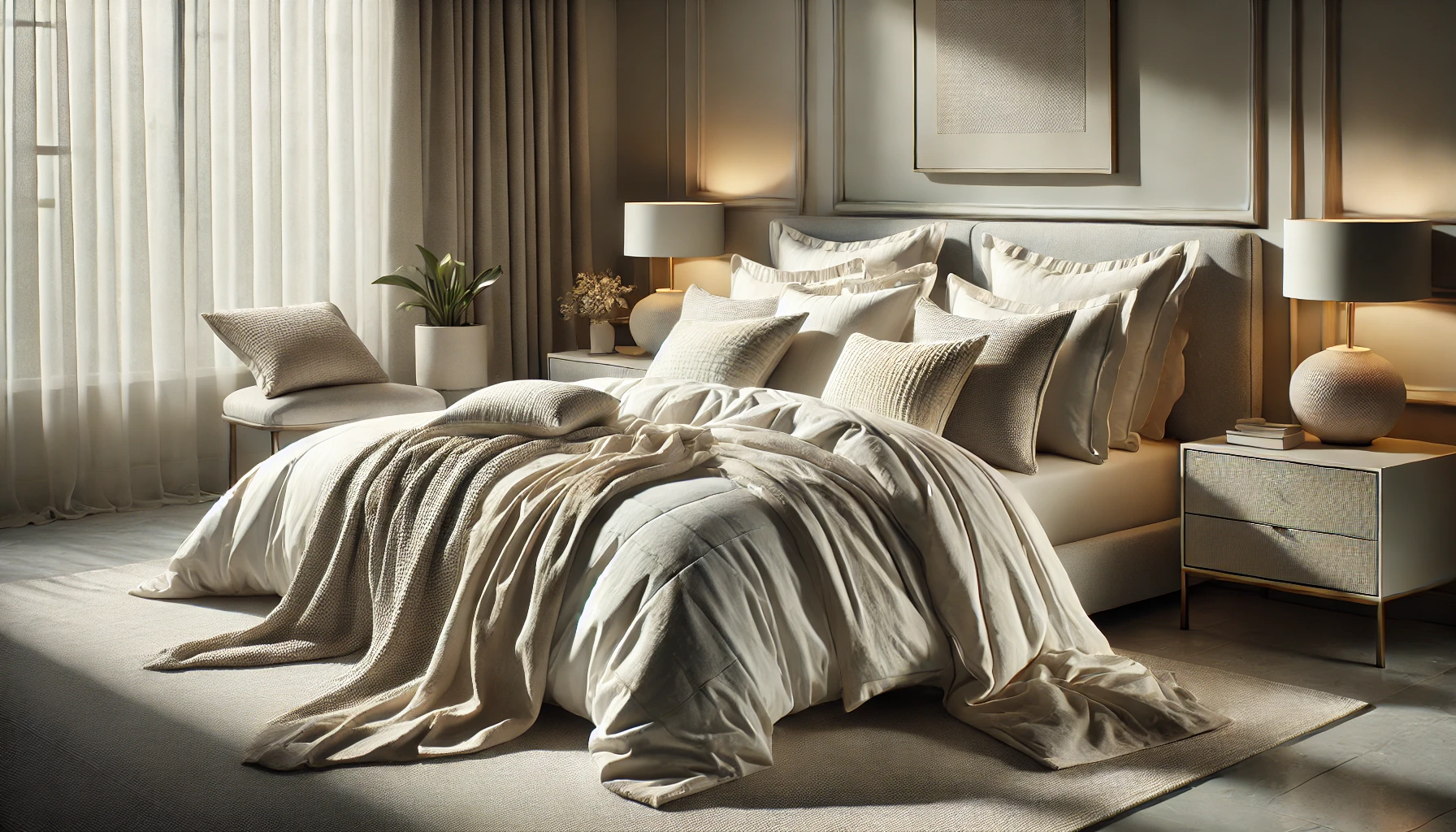 A sophisticated bedroom scene showcasing a neatly made bed with luxury linens in a soft, neutral color palette, like ivory or light gray.