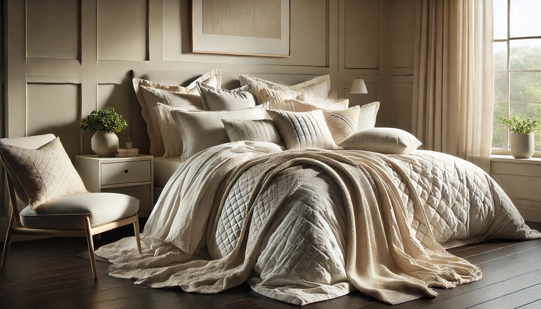 An elegant and cozy bedroom scene featuring a bed with high-quality luxury linens in soft neutral tones, such as cream or light gray.