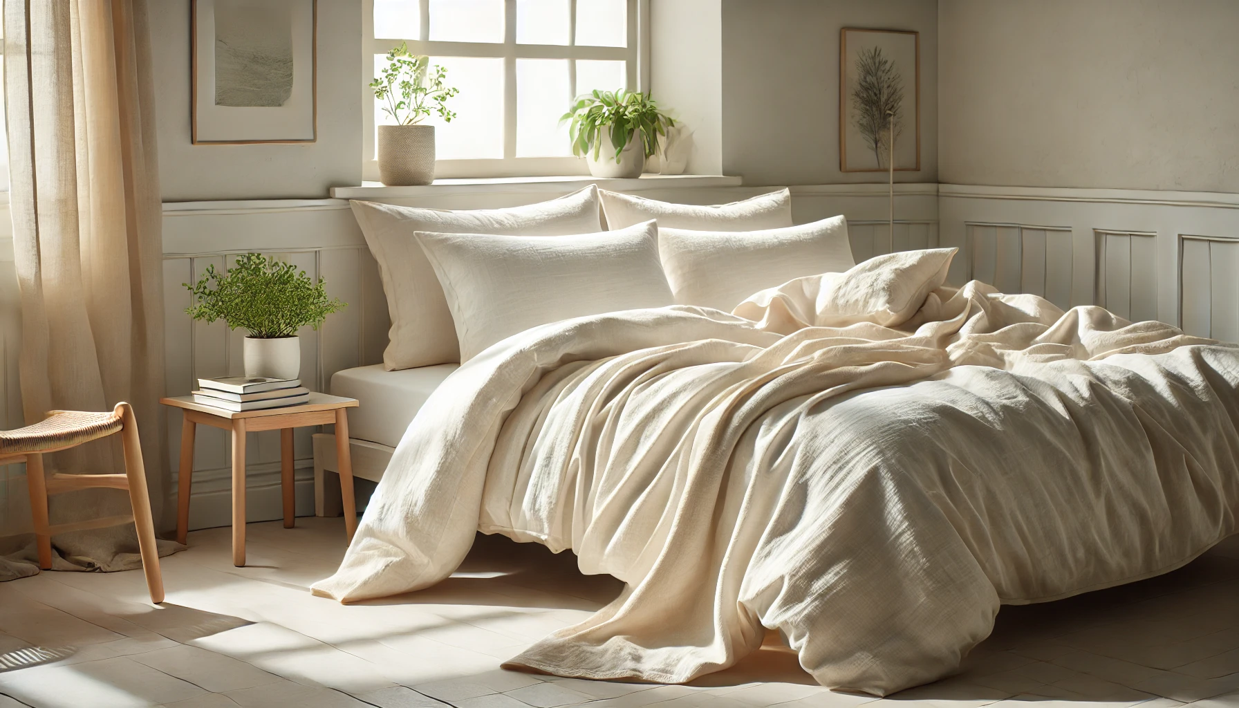 A bright, peaceful bedroom scene with a bed made up of certified organic bed linens in a soft, neutral color like cream or light gray.