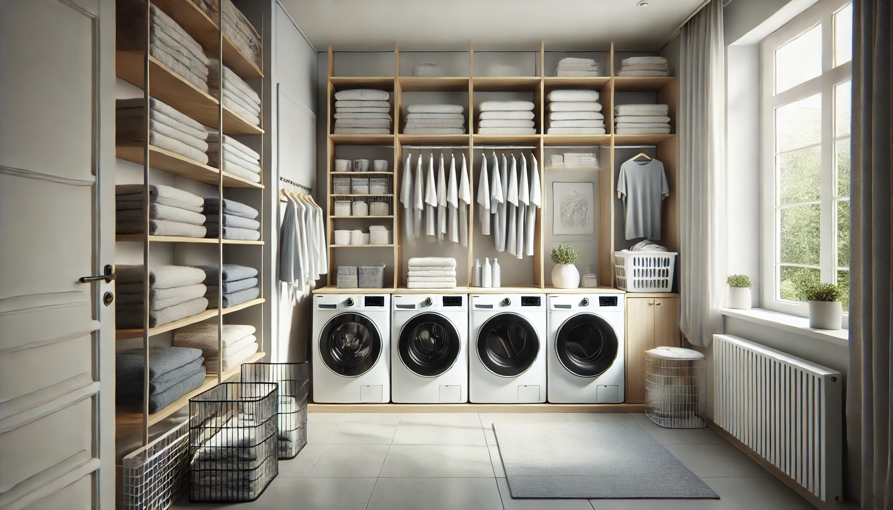 A clean, well-lit laundry room with neatly folded linen on shelves and modern washing machines, creating a serene and orderly atmosphere with no people present.