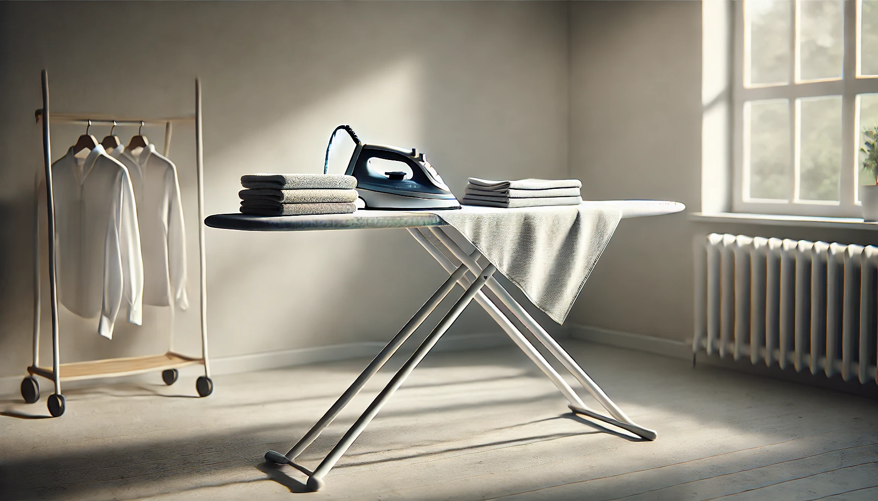 An ironing board in a well-lit room with neatly folded linen placed on it, accompanied by an iron nearby, creating a calm and organized atmosphere.