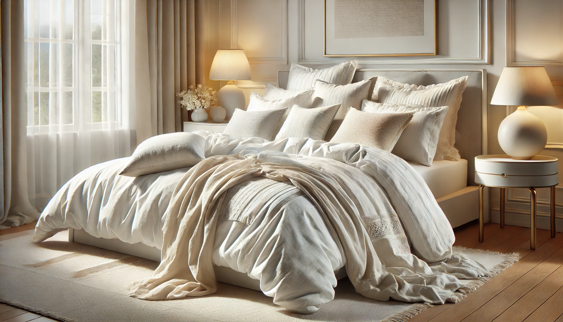 a luxury bed with high-end linens in a bright and cozy bedroom.