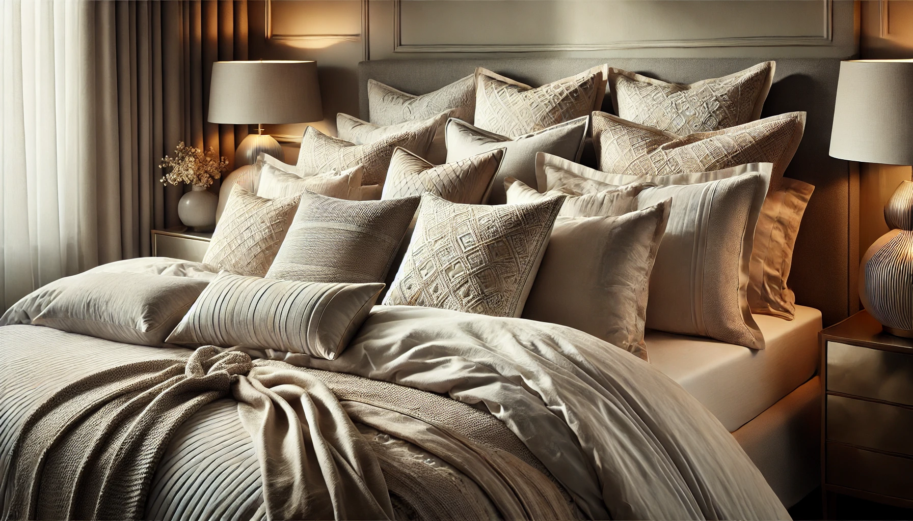 A luxurious bedroom with premium bedding, featuring elegant Egyptian cotton sheets and decorative pillows.