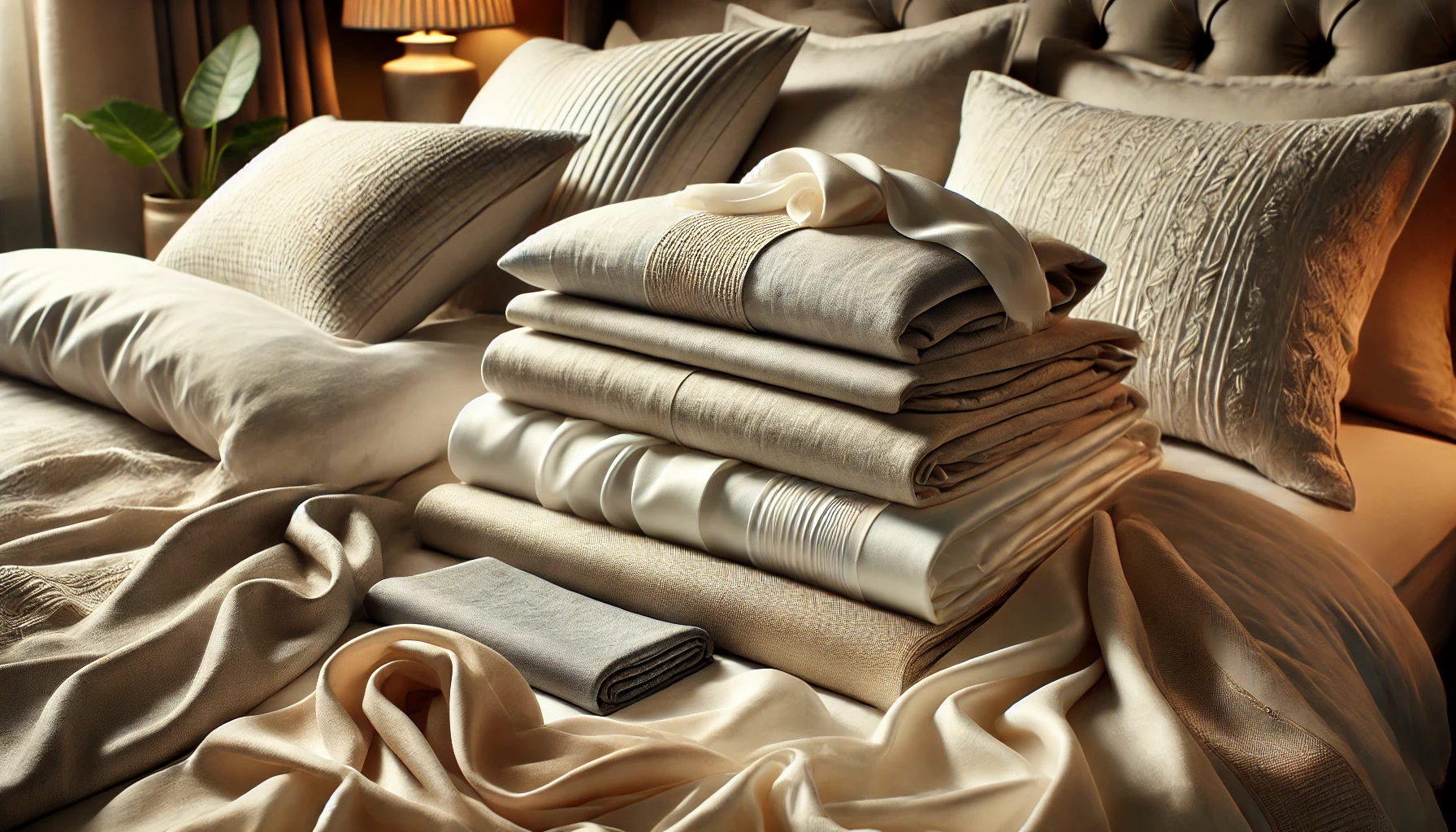 luxury bedding materials such as linen, silk, and Egyptian cotton, neatly arranged on a bed.