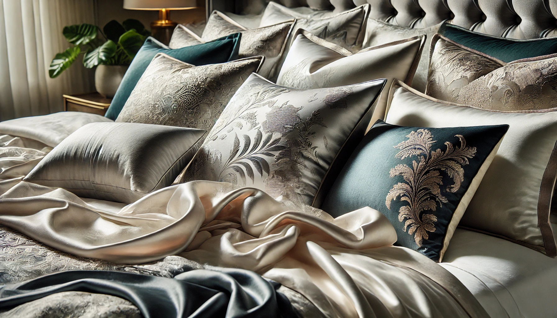 high-quality luxury linens on a bed, featuring a combination of silk and Egyptian cotton fabrics.