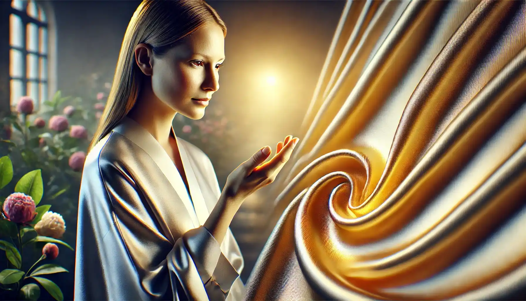 A woman is admiring a piece of luxurious, high-quality silk fabric.