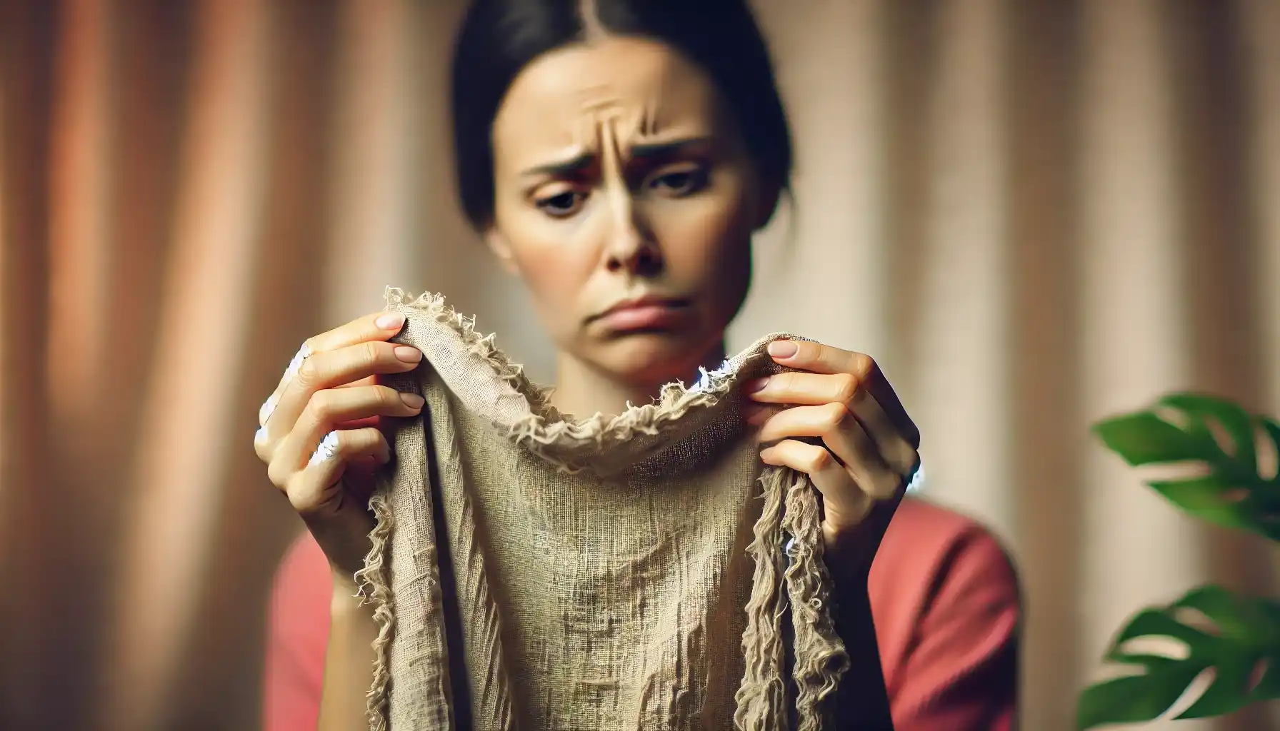 A woman is looking disappointed at a faded and shrunken cotton fabric because of inappropriate handling in her hands.