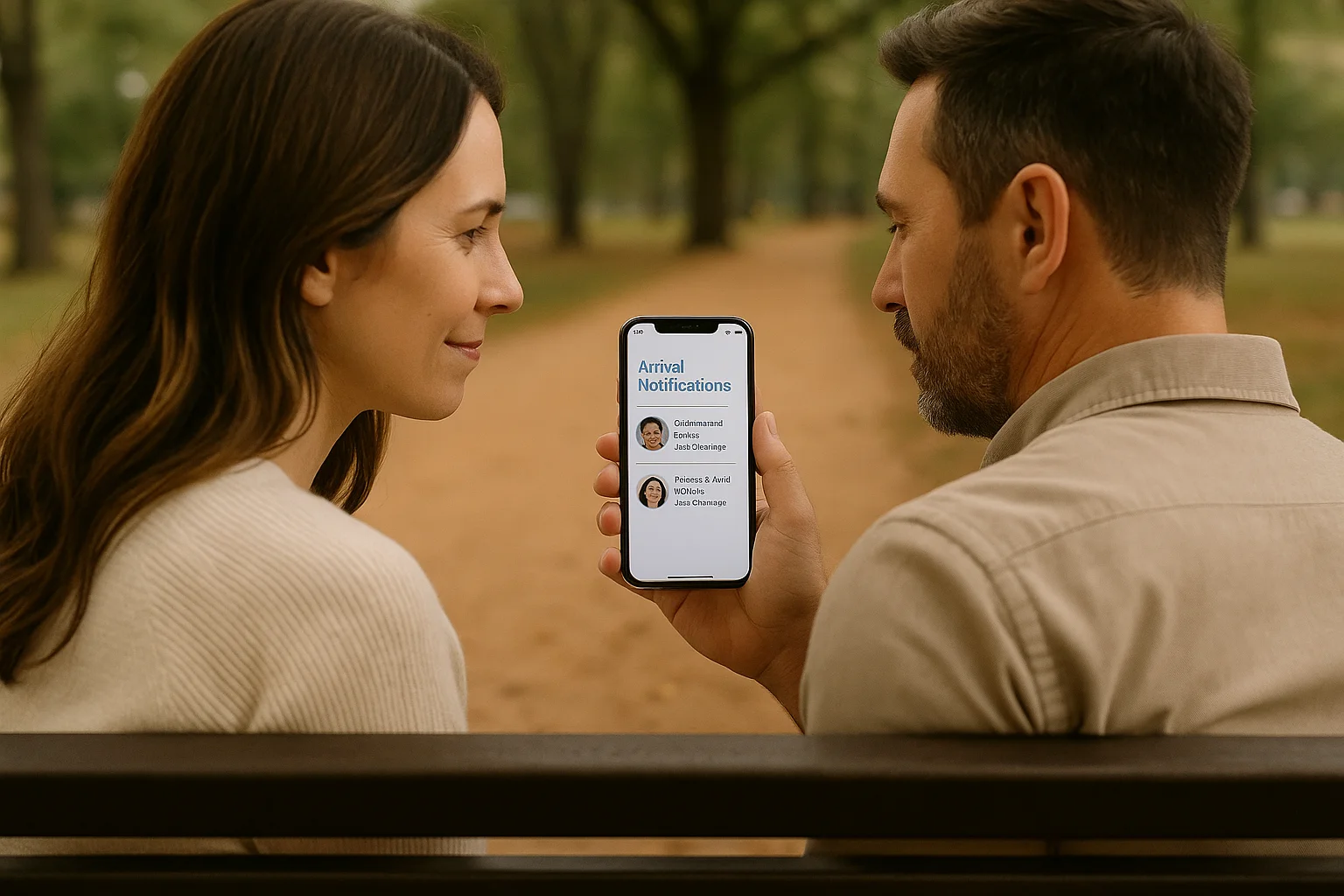 The parents on a park bench as the father checks arrival notifications on his smartphone for their family members.