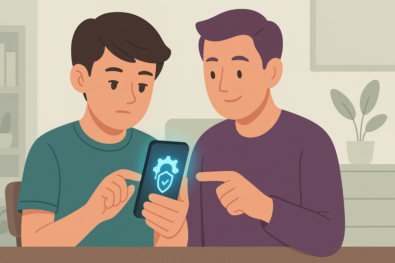 A parent and a teenager are setting privacy limitations together.