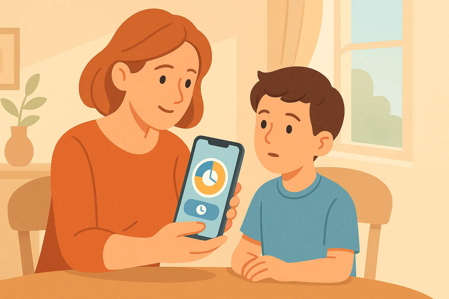 A mother and a child are setting screen time limits together.