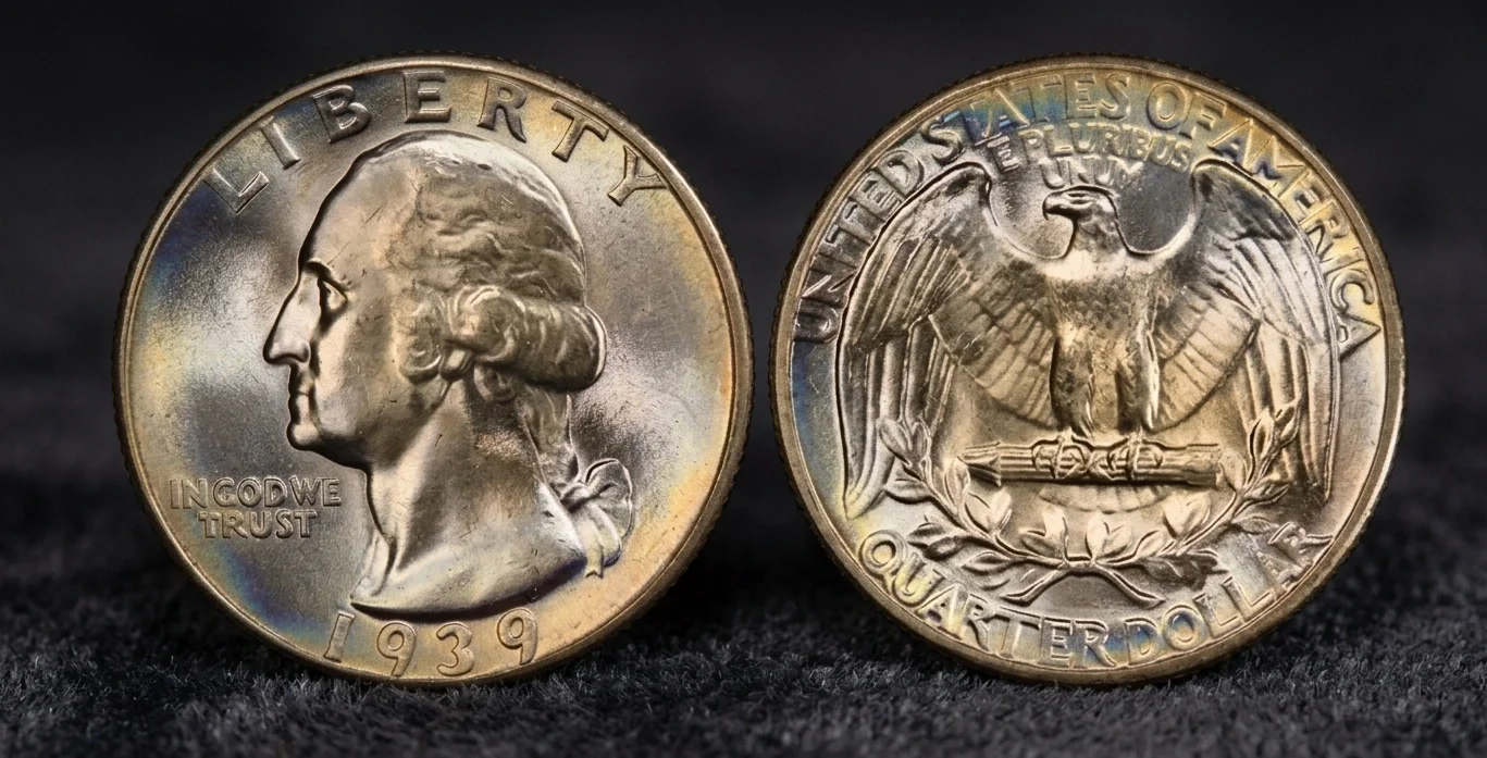 Close-up of a 1939 Washington quarter on a dark neutral background